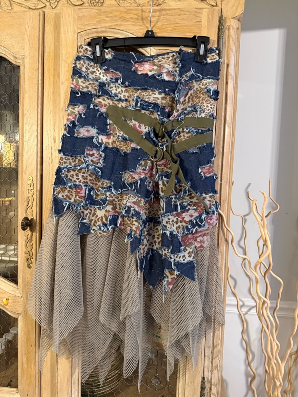 Nana Bailia Paris Layered Denim and Mesh Patchwork Skirt in Blue and Tan